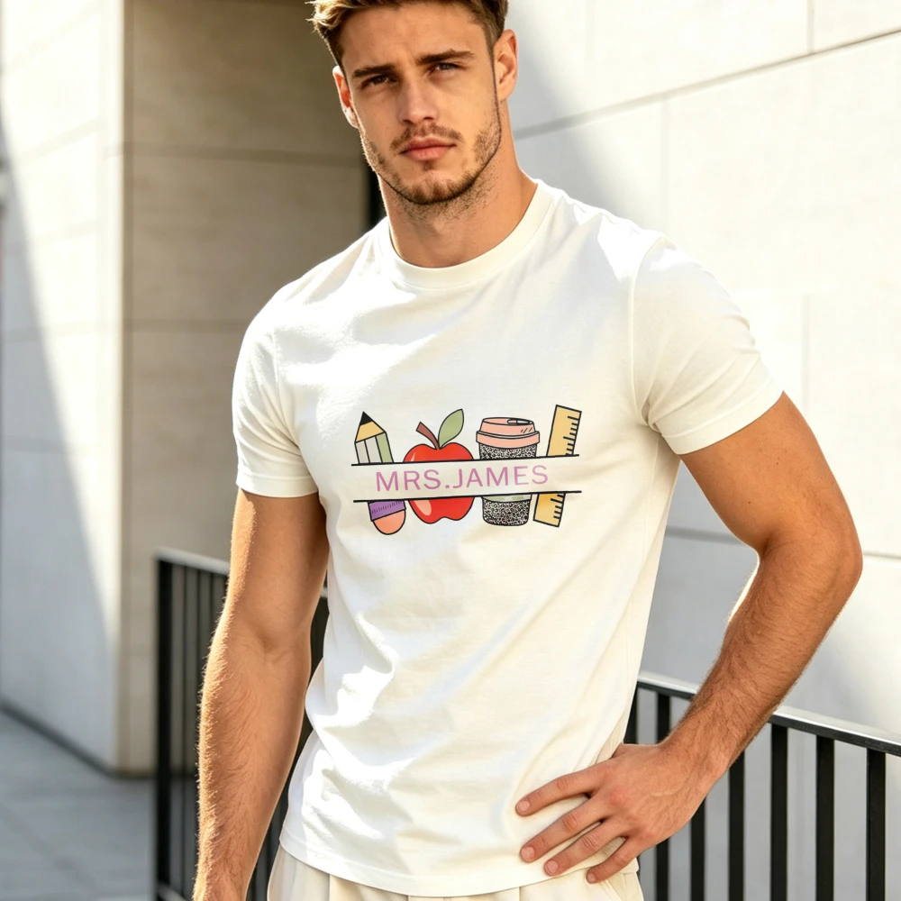 Teacher Stationery Apple Coffee Pencil Ruler Custom Name Graphic Print Crew Neck Casual Loose School Theme Streetwear Summer Tee