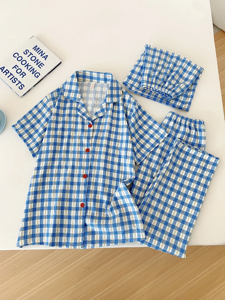 

Pure Cotton Summer Spwear Women's Tee-Piece Set Light ort-Sve Floral Print Home Clothes Blue Plaid Sweet Sle
