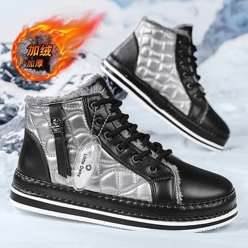 Winter Men Shoes Luxury Cotton Shoes New Versatile High-top Trend Tooling Shoes Leather Snow Boots for Menзимние ботинки мужские image 4