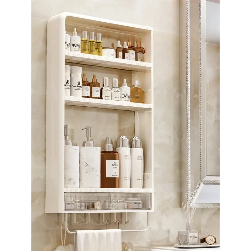 

Minimalist Cream Style Bathroom Cosmetic Storage Rack With Large Capacity Non Perforated Wall Mounted Bathroom Storage Rack