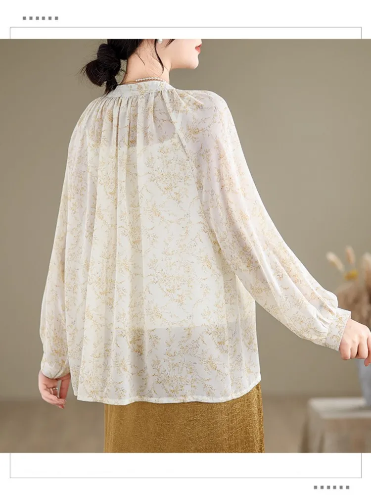 Chemise en mousseline de soie à imprimé floral pour femmes, chemisiers à manches longues, col en V, mode printemps et été