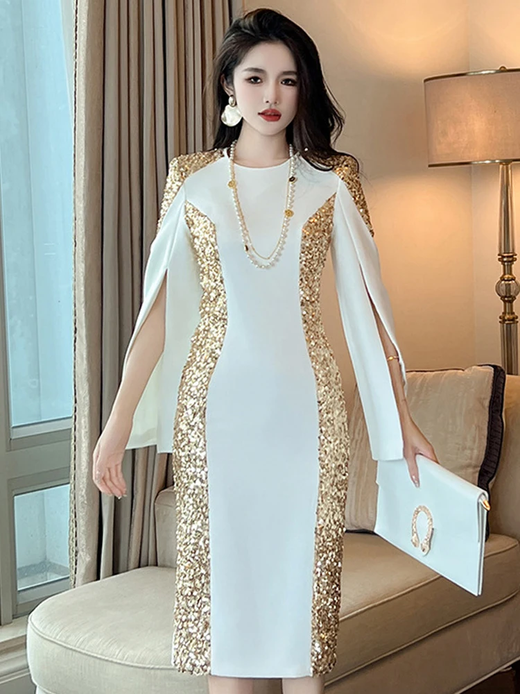 Exquisite Host Banquet Evening Dress Women 2024 Luxury Style Gold Sequins White Slim Robe Femme Party Prom Vestidos Catwalk Gown