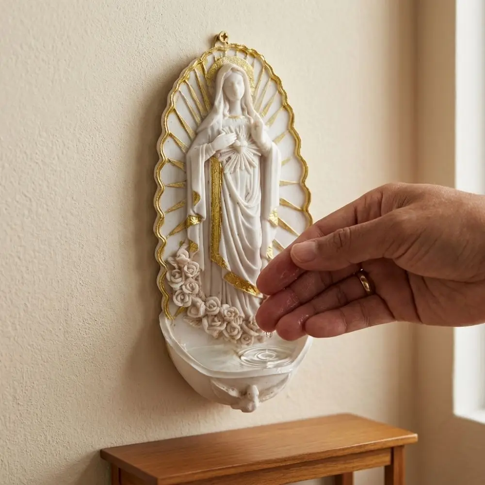 Religious Virgin Mary Holy Water Font Wall Mounted Catholic Holy Water Dispenser Hand Painted Rose Carvings
