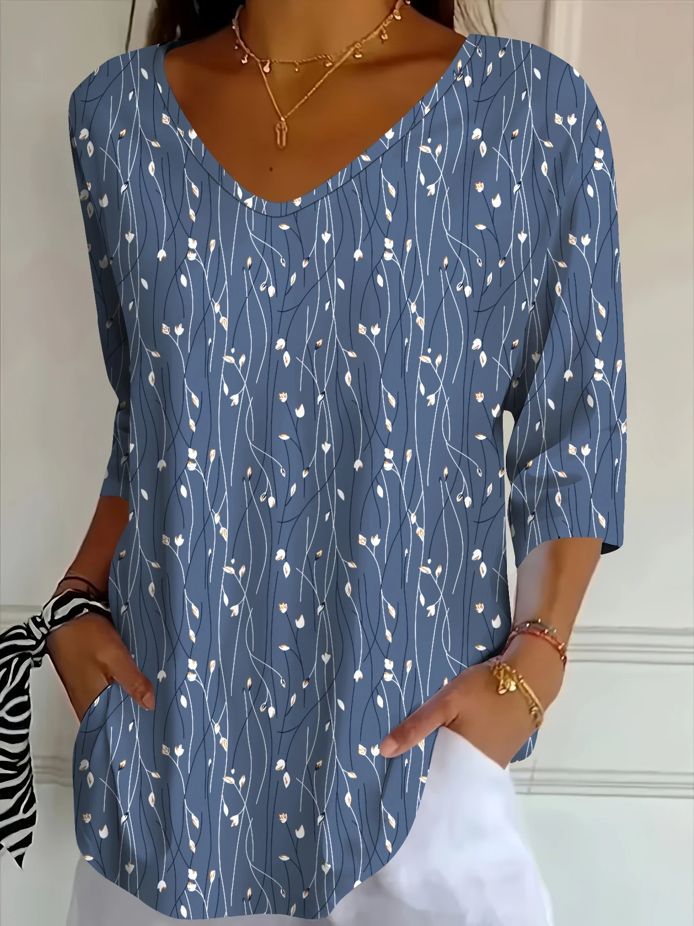Women Blouse Twig Floral Print V Neck Long Sleeve Pocket Casual Loose Tops Women's Clothes
