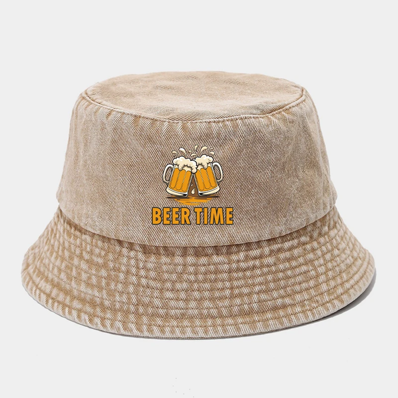 Beer Time Print Washed Denim Bucket Hat Adult Daily Panama Hat Women Men Casual Outdoor Sports Travel Sun Beach Fisherman Caps