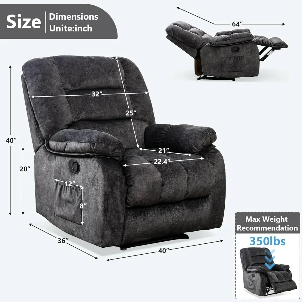 Overstuffed Massage Recliner Sofas, with Heat and Vibration, Soft Fabric Manual Reclining Sofas for Living Room Bedroom, Sofas