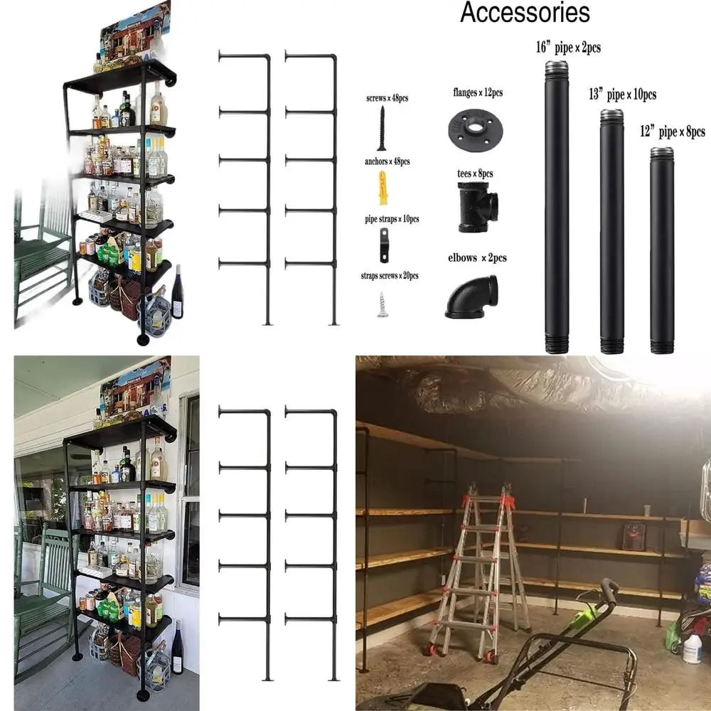 

Rustic Wall-Mounted Iron Pipe Shelving, Vintage DIY Open Bookshelf, 5-Tier Storage Racks, Hanging Shelves for Home, Kitchen, Bat