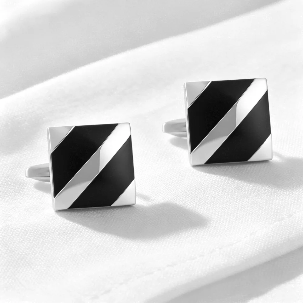 Men's Shirt Cufflinks Simple Black and White Diagonal Stripes, Square Enamel Versatile Business Formal Attire Suit Cufflinks