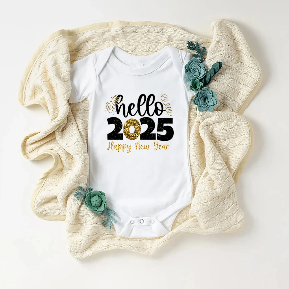 Hello 2025 Happy New Year Print Baby Romper Casual Short Sleeve Infant Bodysuit Round Neck Girl Boy Jumpsuit Summer Clothing