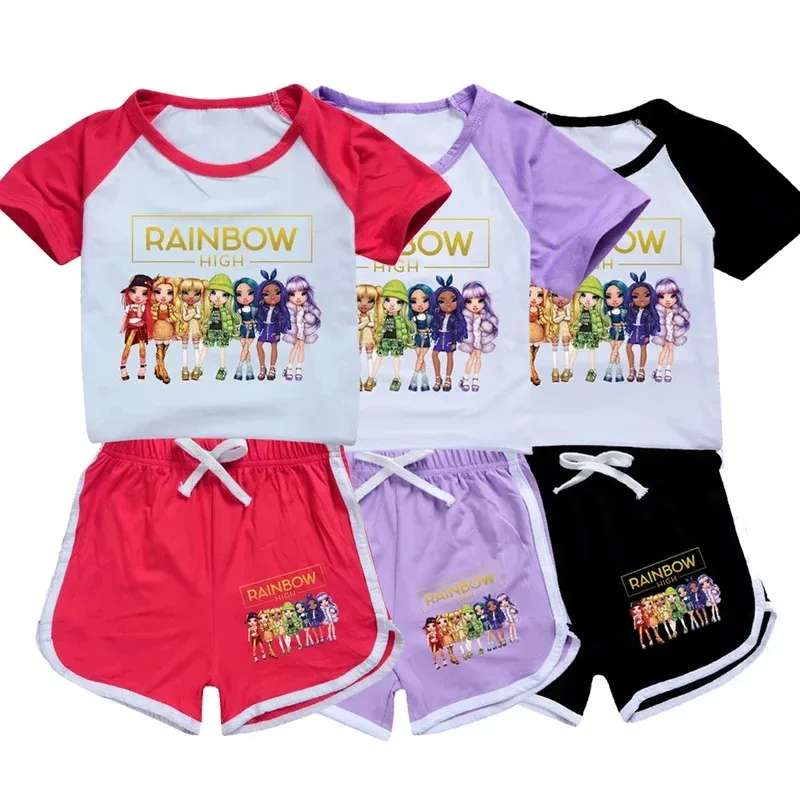 

Rainbow High Summer Kids Sportswear Sets Teen Girls Pajamas Rainbowhigh Short Sleeve T Shirts + Shorts Costume Baby Boys Outfits
