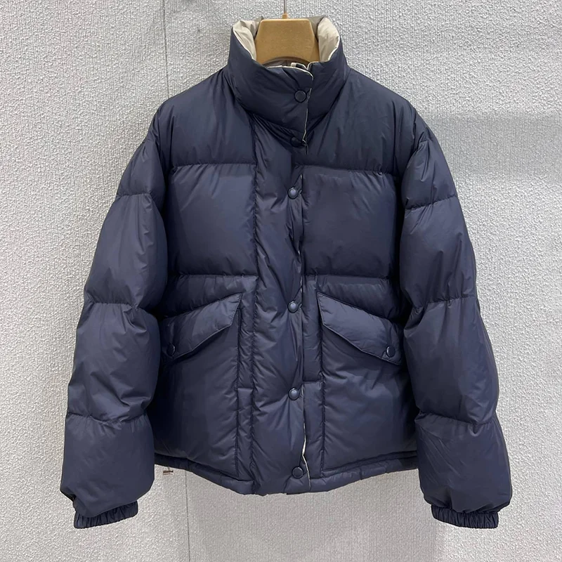 高品質の女性用ツートンカラーのリバーシブルコットンコート、ジッパー、シングルボタン、スタンドカラー、ホワイトグースダウンジャケット 25919143