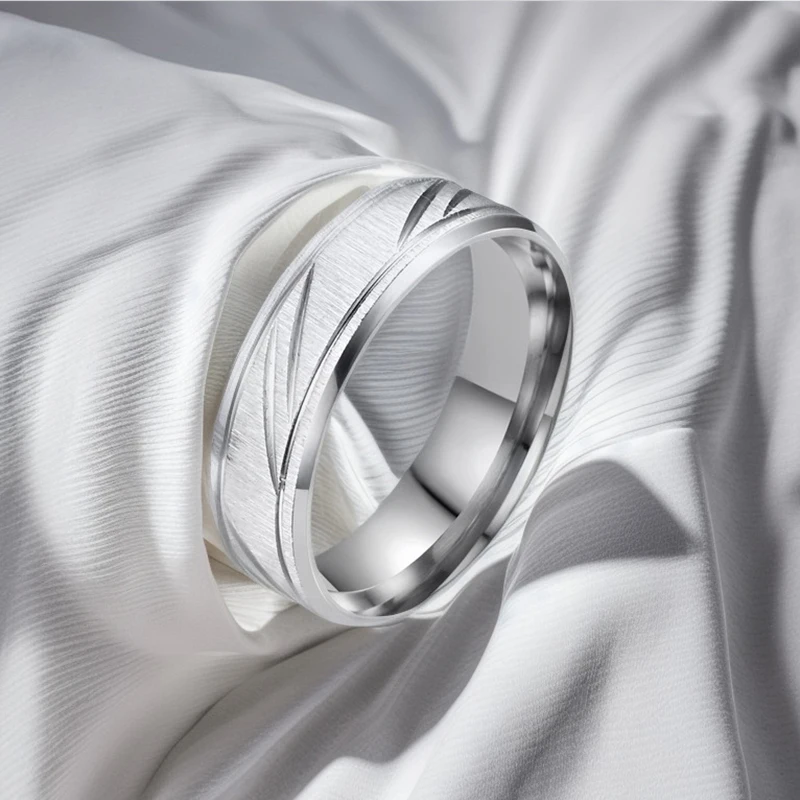 Fashion Men’s Silver Color Stainless Steel Ring Diagonal Horizontal Sand Ring for Men Women Engagement Ring Anniversary Gift