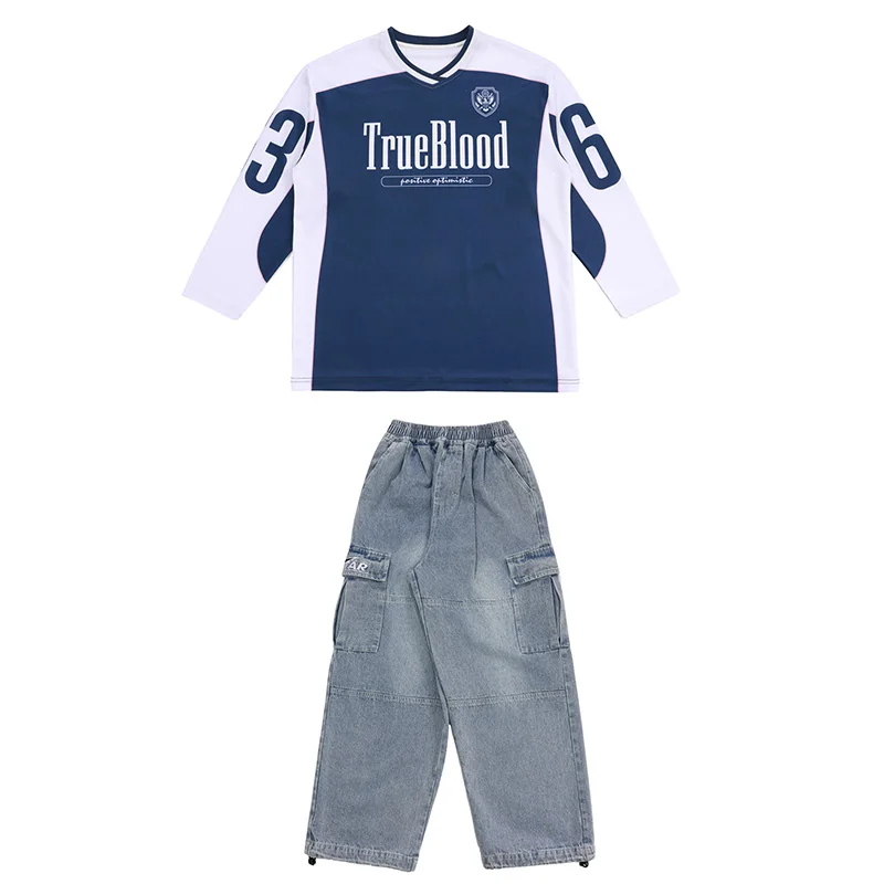 Stroje treningowe dla chłopców 2025, dziecięce topy do tańca jazzowego, jeansy cargo, kostiumy do tańca hiphopowego i street dance, stroje dla zespołów tanecznych DN22272