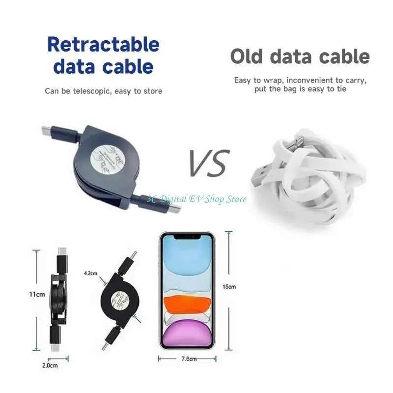 E74D Retractable PD 60W USB C to USB C Data Cable, Notebook Fast Charging Cord for Type C Phone Switch Tablets