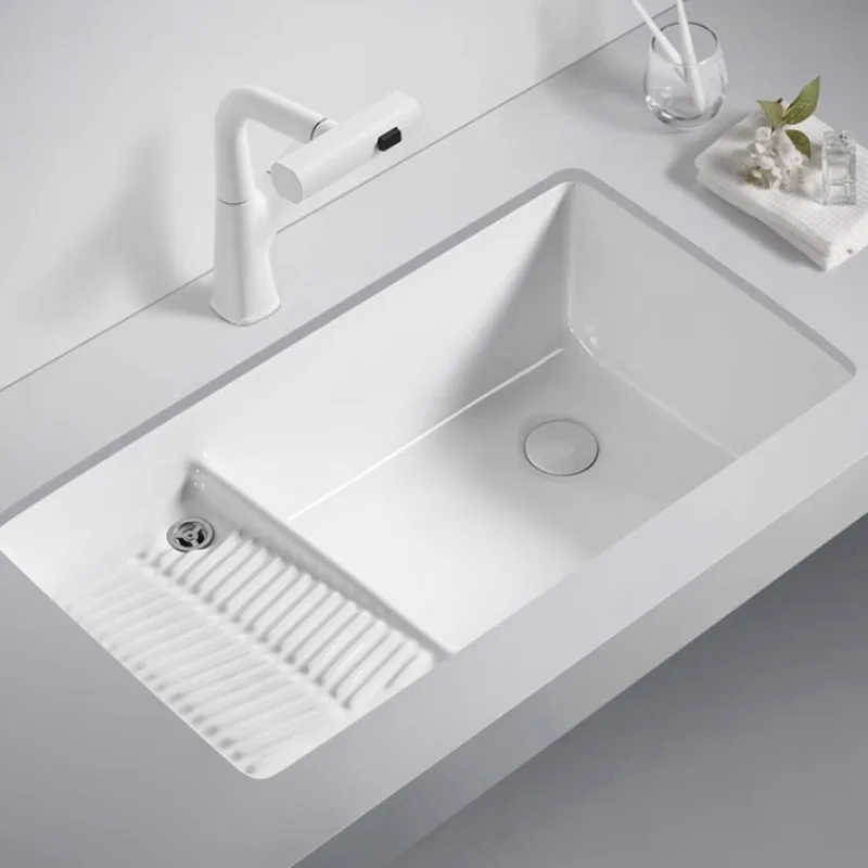 

Balcony side drainage ceramic laundry basin Undercounter basin with washboard hand washing single basin Embedded