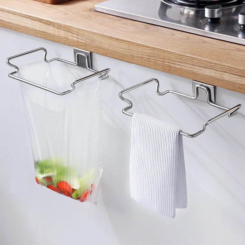 Kitchen Hanger Holder Door Hook Hanging Trash Rack Metal Storage Holders Garbage Bags Racks Stainless Steel Cabinet Trash Rack