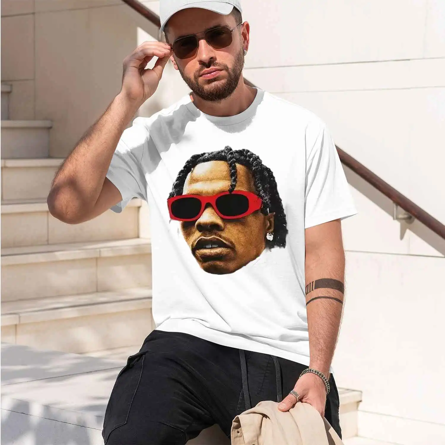 Streetwear Style Men's T-Shirt With Red Sunglasses And Braided Design For Casual Wear In Summer Perfect Gift For Lovers And Fash