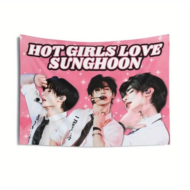 Kpop Idol Stage Performance Tapestry, Pink Starry Background Wall Hanging, Boy Group Fan Art Dorm Bedroom Decor Gift