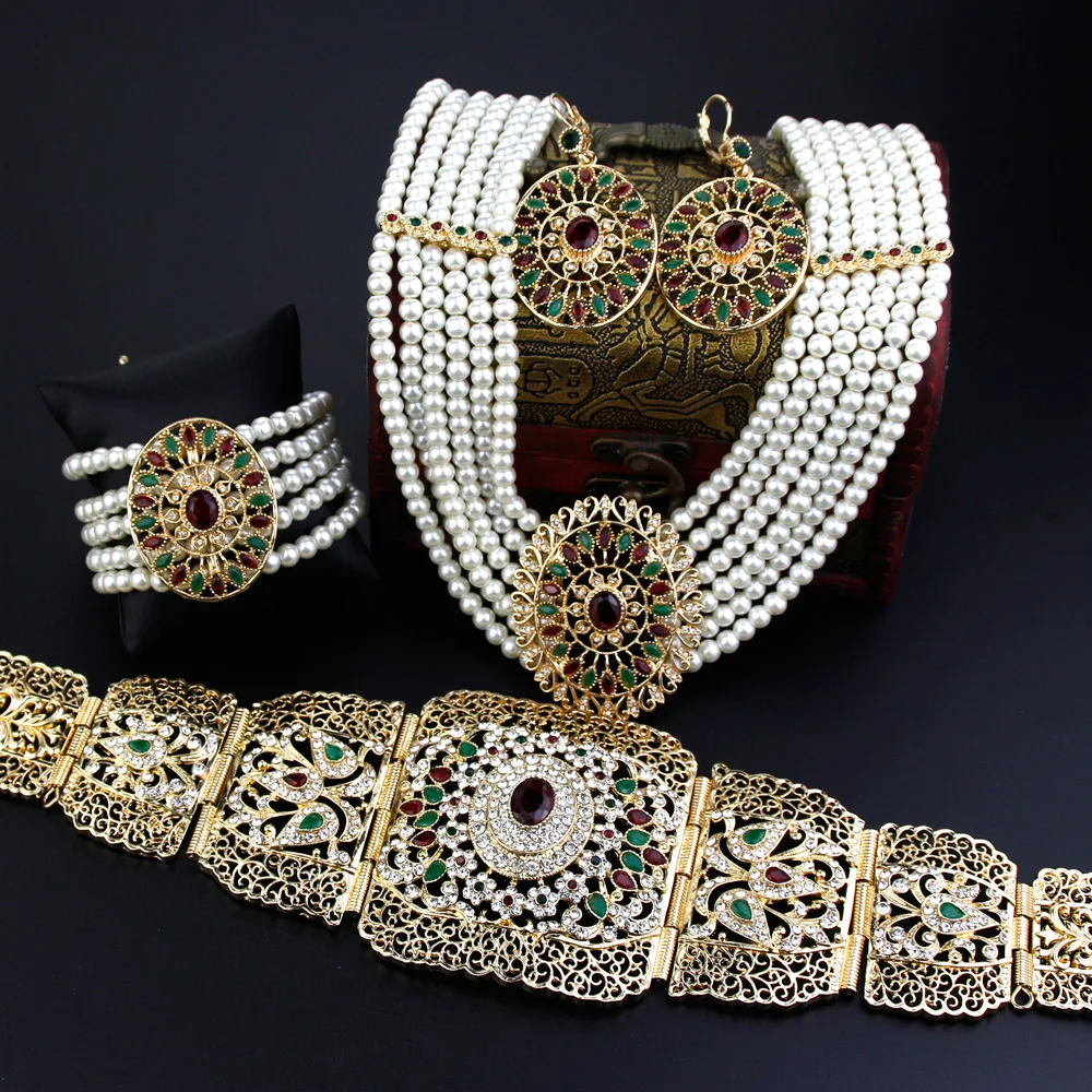 Sunspicems Algeria Morocco Belt Bide Wedding Jewelry Sets Multi Layer Pearl Necklace Bracelet Earring Belt Arab Caftan Bijoux