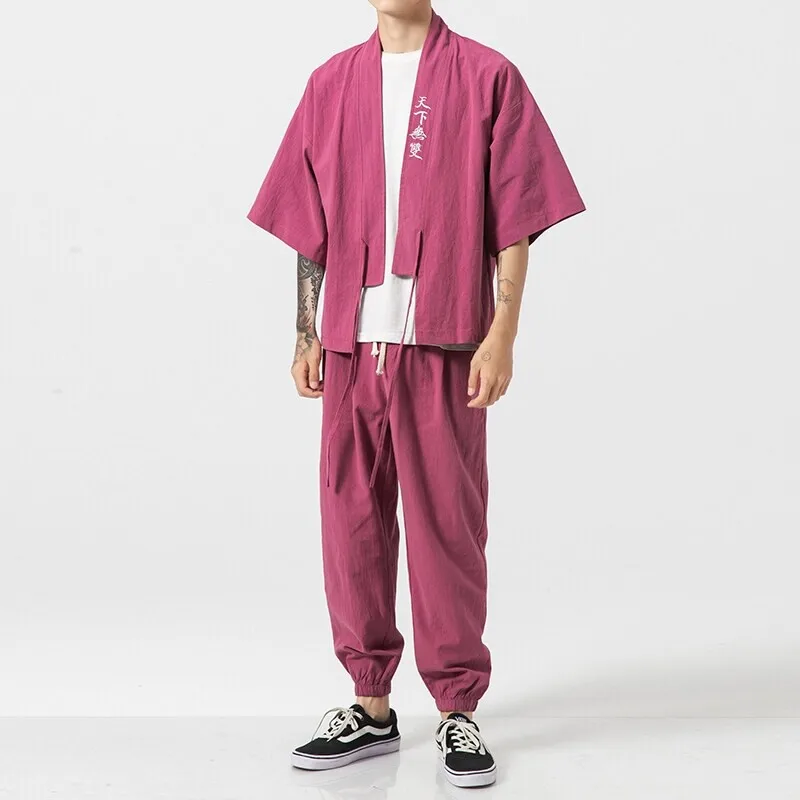 

Two piece set （Shirt +Pants） Men Summer Chinese Style Retro Kungfu Shirt Men Embroidery Linen Cotton Casual Loose Pants Trousers