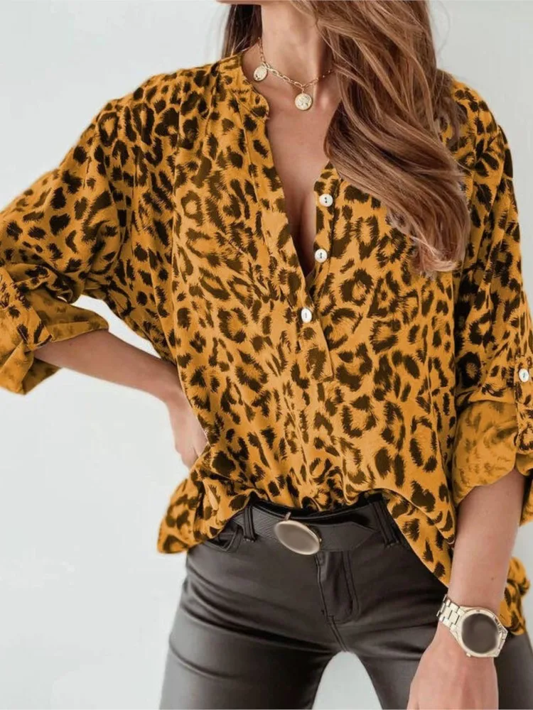 

Рубашка с леопардовым принтом для женщин, модные рубашки с длинным рукавом и воротником-стойкой на пуговицах, топы, женская праздничная уличная одежда, женская весенняя одежда