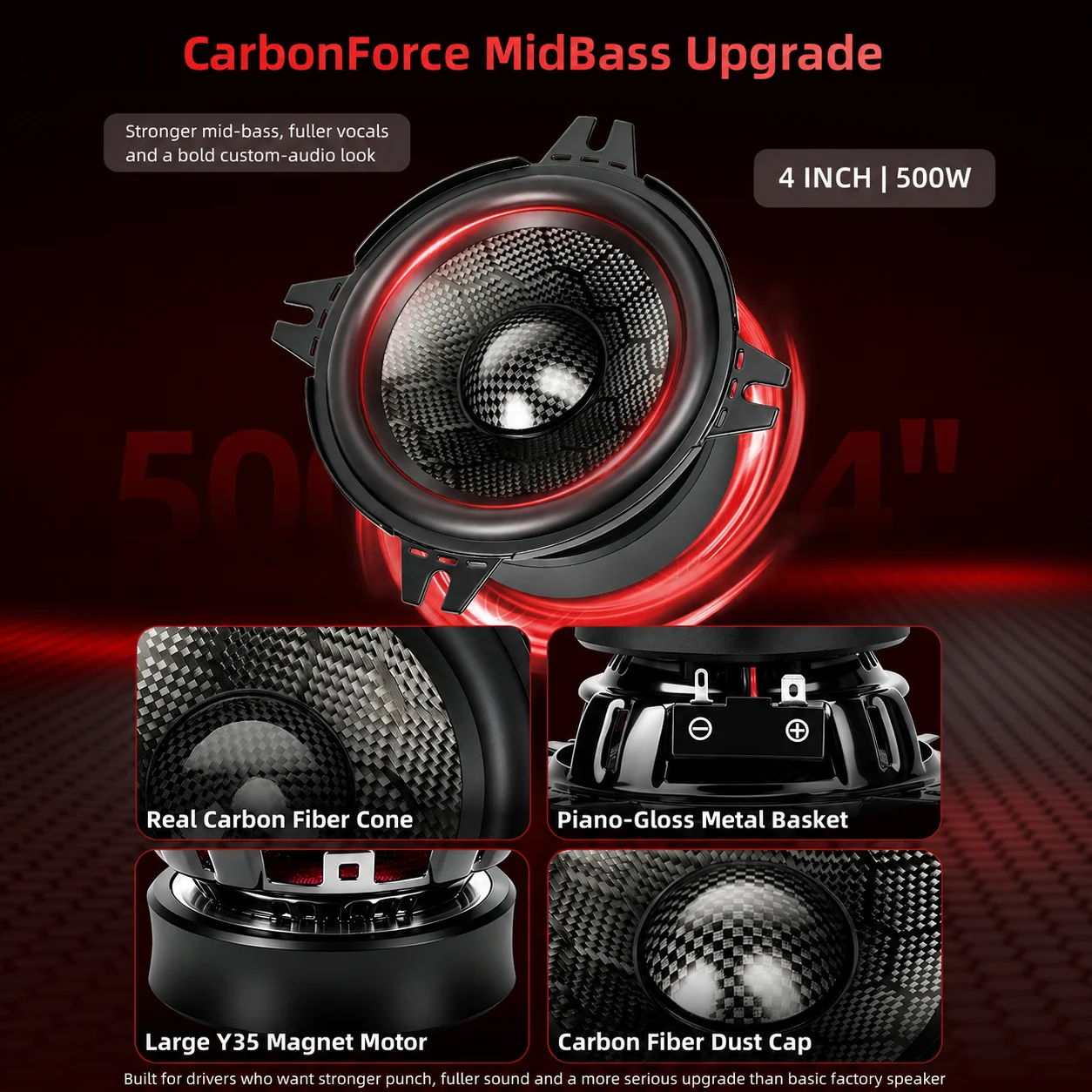 2pcs CarbonForce 4 Inch Speakers500W 4 Ohm  Honeycomb-Weave Carbon Fiber Cone  Frame Enhanced Midrange Bass Audio Modification