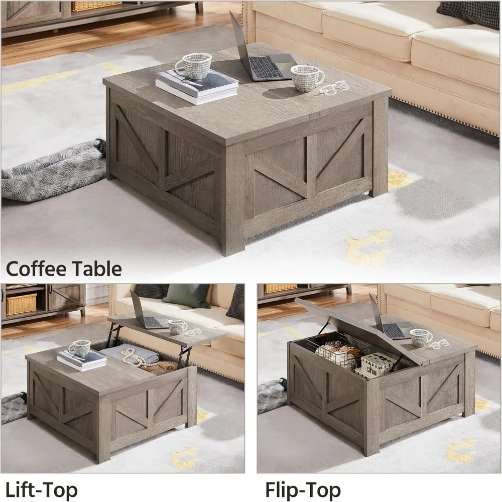 Lift Top Coffee Table, Square Farmhouse Coffee Table with Hidden Storage Compartment, Wood Center Table for Living Room,