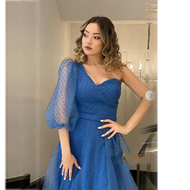 

Blue Sequins Princess Prom Dresses 2022 Puff Tulle Sleeves Sweetheart Satin Evening Gown Side Slit Floor-Length Robe De Cocktail