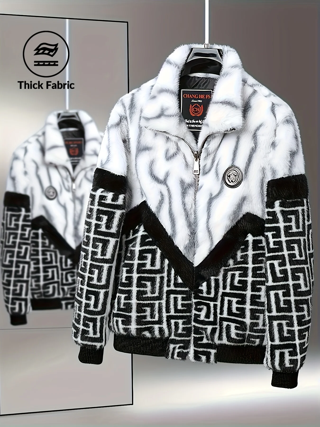 

Мужское зимнее пальто из искусственной норки с воротником-стойкой и цветными блоками