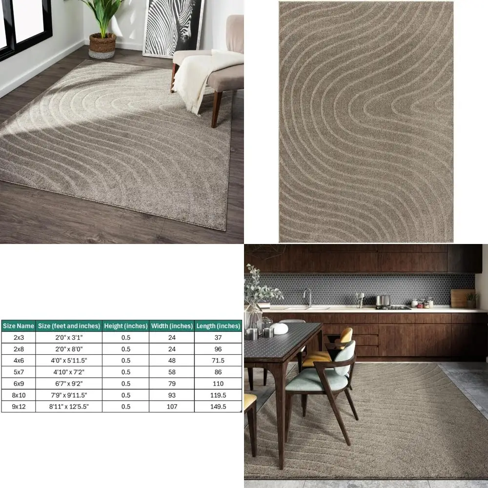 

Modern Geometric Wave Design Taupe Area Rug, 4x6, Perfect for Contemporary Spaces