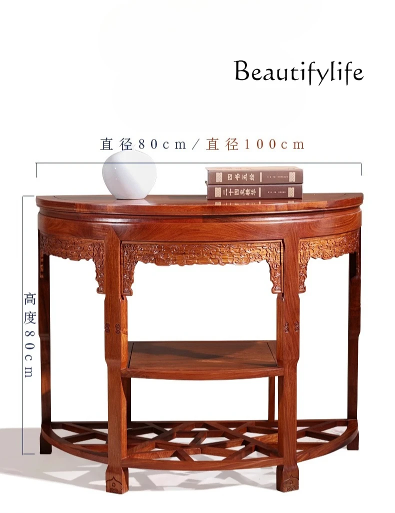 

Mahogany entrance table New Chinese furniture Semicircular wall shelf engraved designer high-end