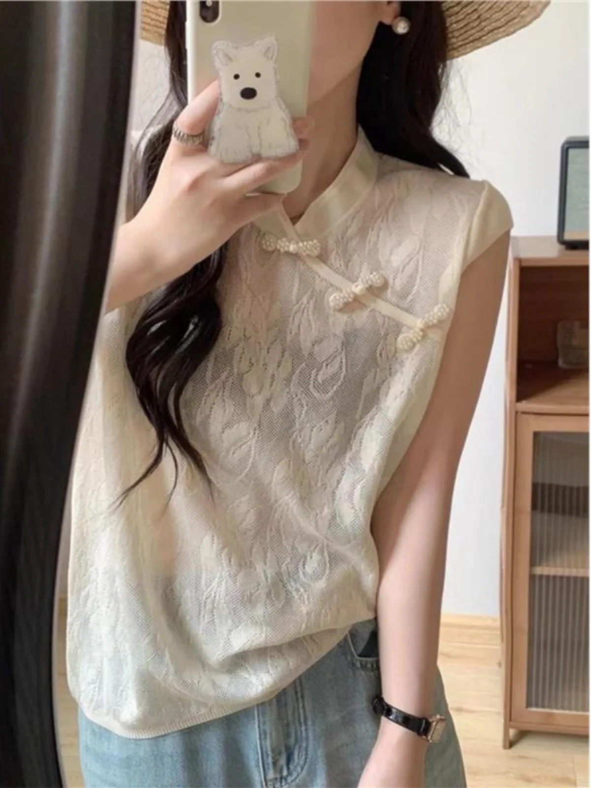 New Chinese Style T-Shirt Women Summer Side Drawstring Heavy Embroidery Lace Knitted Top with Small Flying Sleeve Carving Flower