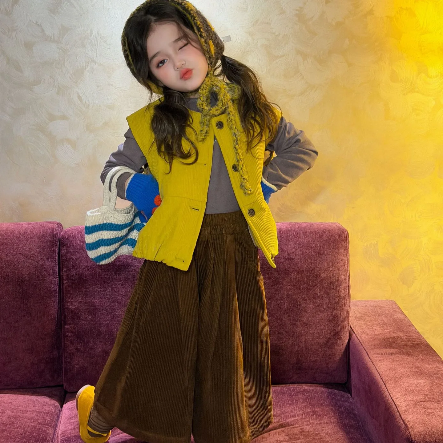 Childrens Wear 2026 Fall Winter New Childrens Wear Girls Quilted Corduroy Vest Yellow Simple Padded Vest