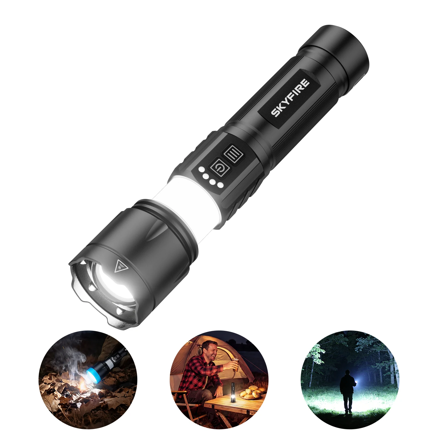SKYFIRE 2-in-1 LED Flashlight & Camping Lantern, Rechargeable 5000mAh Flashlight with Zoomable Focus, Multiple Light Modes & Color Lenses for Outdoor Camping
