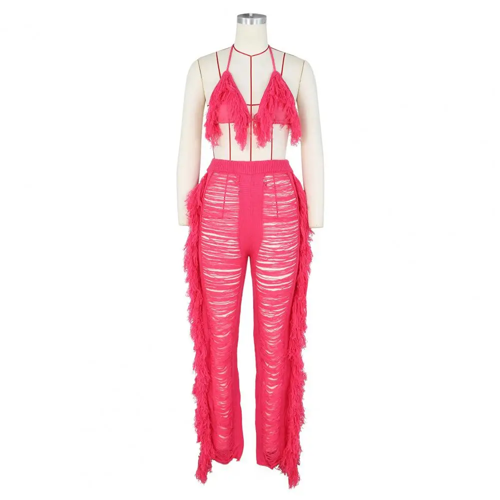 Knit Pants Halter Top Set Stylish Women\'s Beach Vacation Crop Top Pants Set with Tassel Detailing Lace-up Halter Neck High Waist