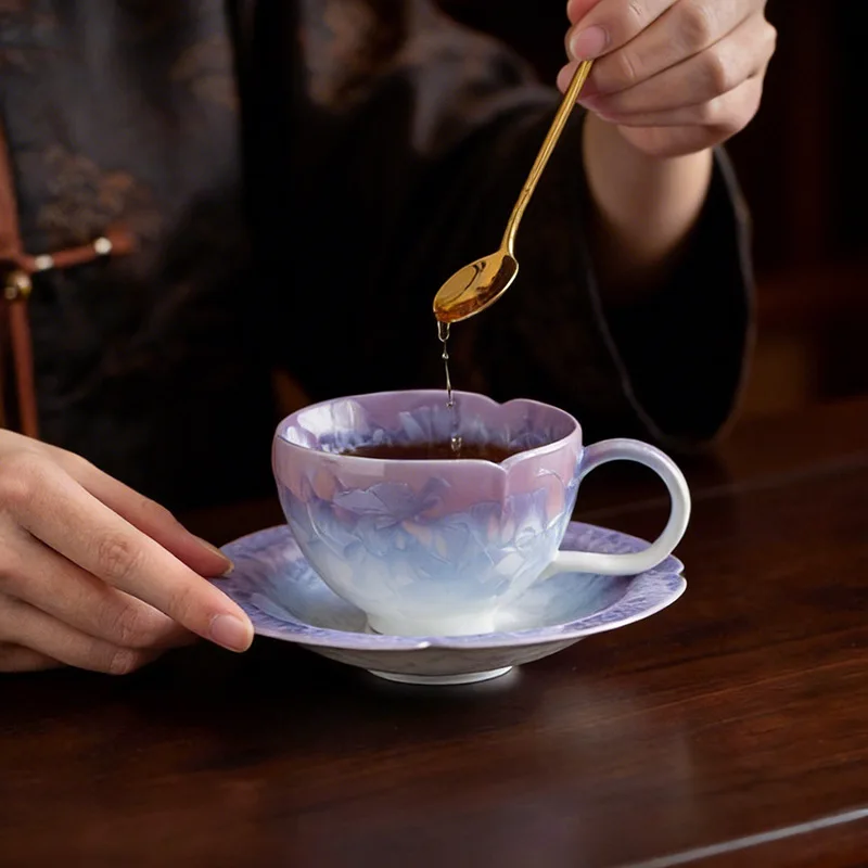PYH kiln change gradual change color lace coffee cup with coaster crystal glaze women's ceramic personal cup