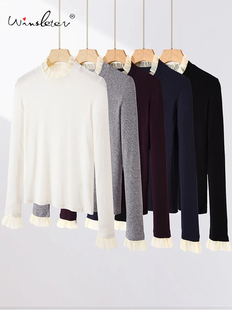 

Winsleter-100%Wool Elegant Sweater, O Neck Ruffles Patchwork, Women French Vintage Soft Slim Knit Sweater, 2025 Winter T5N745CC