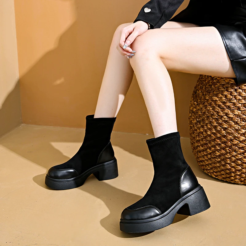

High-heeled thick-soled riding boots for women 2025 new autumn and winter fleece thick-heeled sleeve elastic high-heeled boots