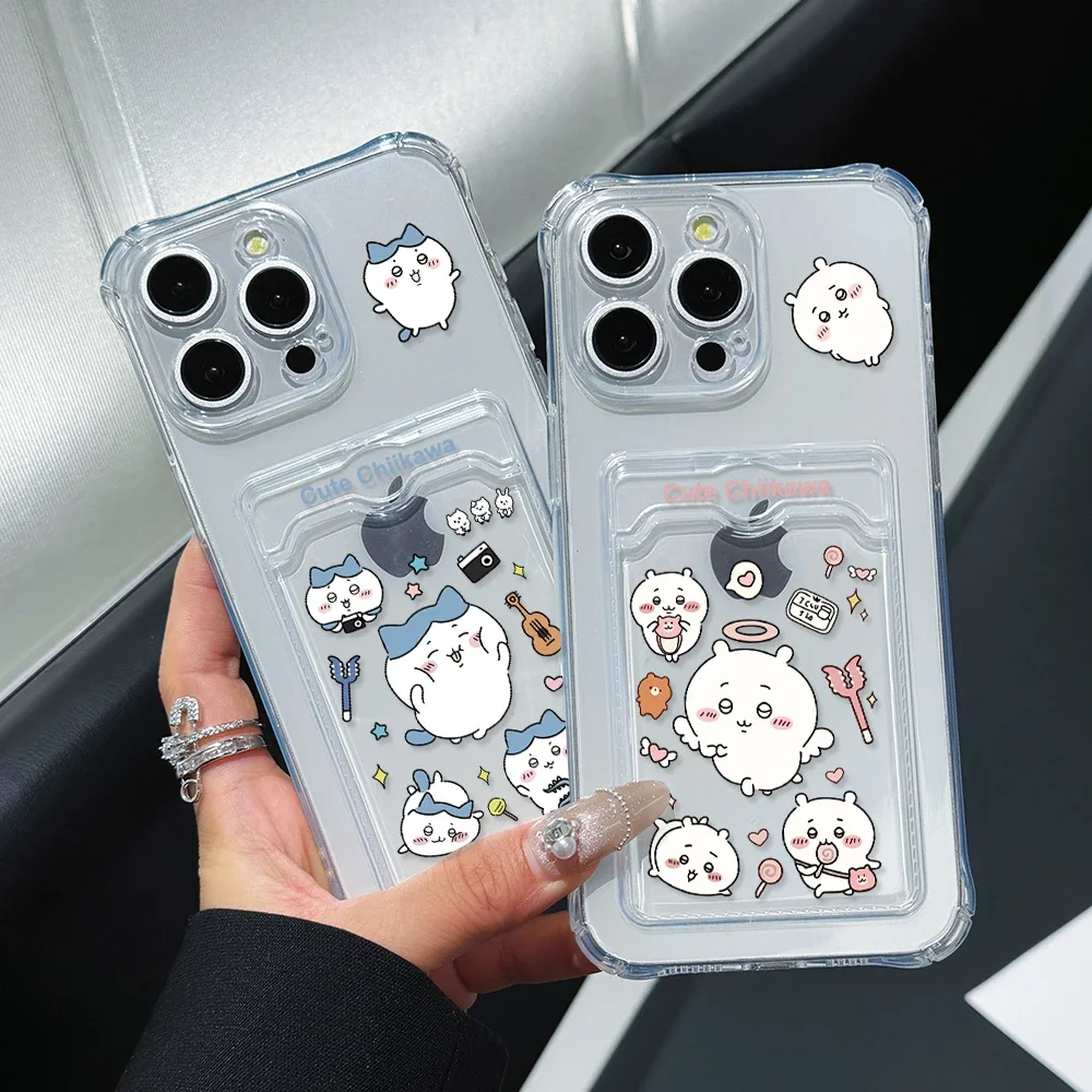 Chiikawa Hachiwares Card Hold Hülle für iPhone 16 15 14 13 12 11 Mini Pro Max X XR XS Max 7 8 Plus SE20 Anti-Fall Clear Cover