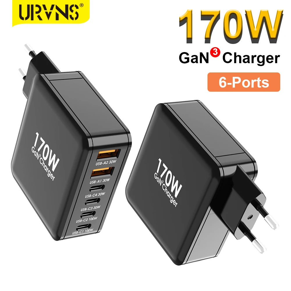 

URVNS 170W GaN USB Type C Charger PD 100W Quick Charge 4+ 3.0 USB-C Fast Charging for iPhone 14 13 12 Xiaomi Macbook Pro Laptop