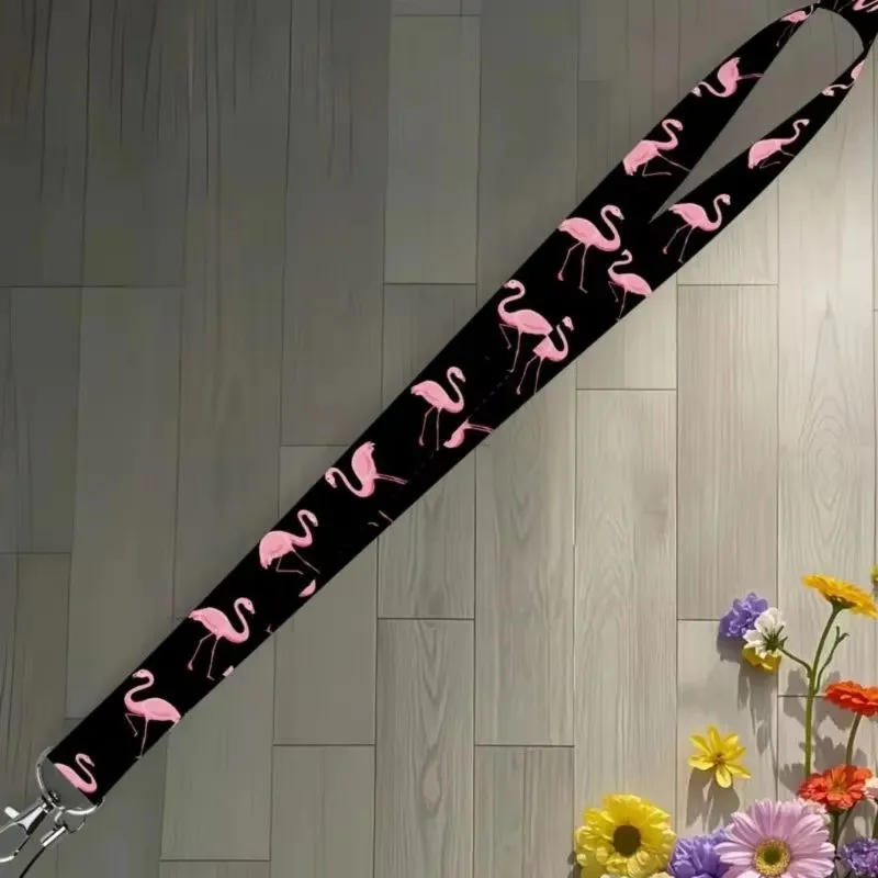 Flamingo Print Adjustable Necklace and Keychain - Black with Pink Flamingo Design, Durable Fabric with Metal Clasp