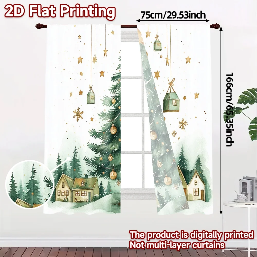 2pcs,Curtains Christmas Tree Village Holiday Scene Pattern Popular Curtains Versatile 100% Polyester Curtains Festive Use for