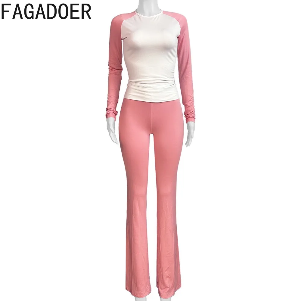 FAGADOER Autumn Winter 2 Piece Sets Women Outfit Casual Color Block Long Sleeve Top and Low Waist Flare Pants Y2k Streetwear