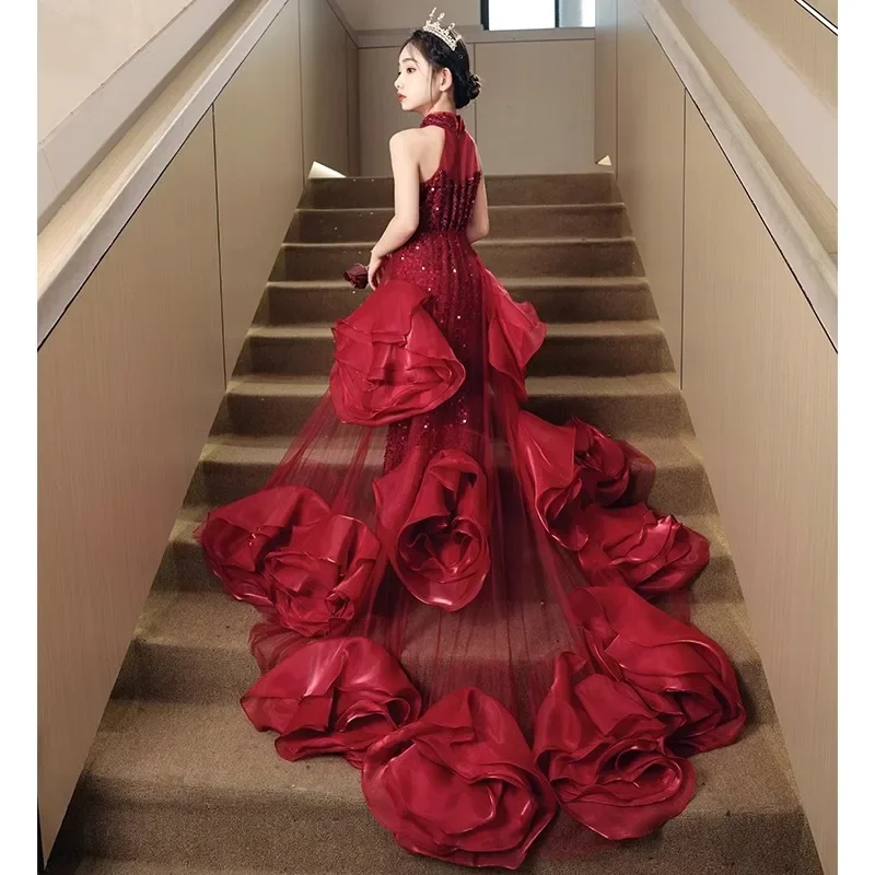 Children Girls Elegant Evening Dress Boutique Luxury New Year Holiday Party High-End Red Runway Show Kids Girl Dresses