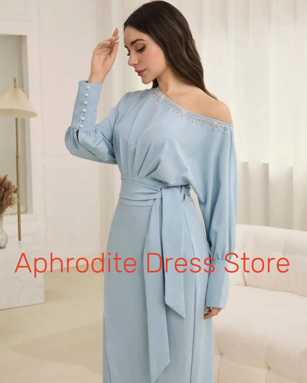 Customized Temperament Jersey Crystal Pearls Buttons Evening Dresses Delicate Long Sleeves Prom Dress Custom Made Part