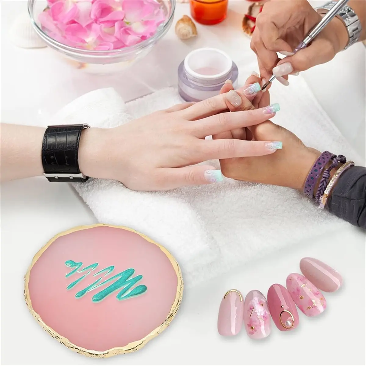 2026 New Resin Nail Art Palette, Nail Polish Palette Nail Art Tools Gold Edge Nail Stuff Nail Art Display Board Pink