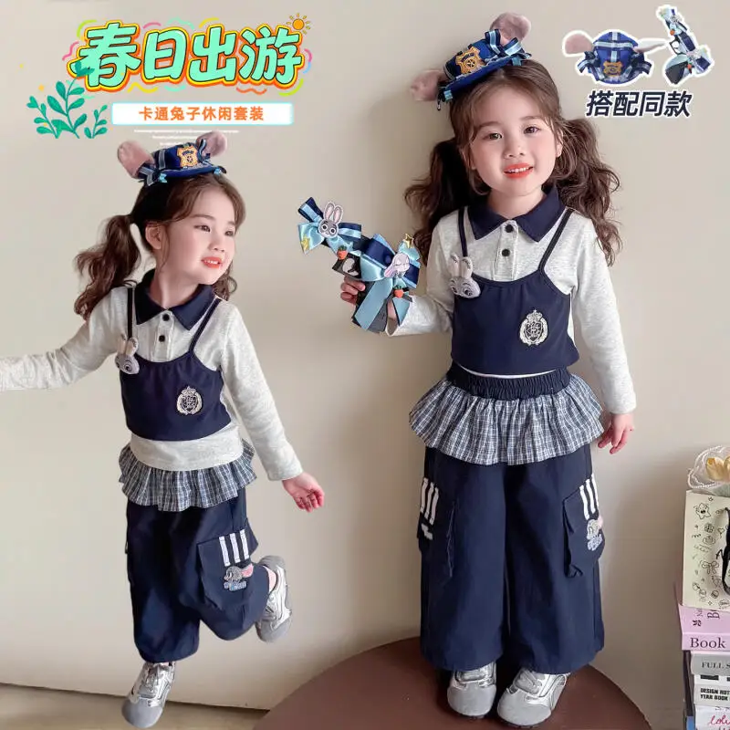 

Комплект из 2 предметов: спортивный костюм Джуди Хоппс из Зоотопии, милый детский комплект с мультяшными персонажами Диснея, новинка 2026 года, модные весенне-осенние брюки-комбинезон для девочек