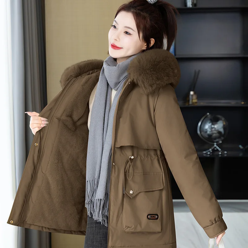 Women's 2024 New Winter Fashion Versatile Cotton Jacket with Velvet Hoodie, Medium length Warm Jacket