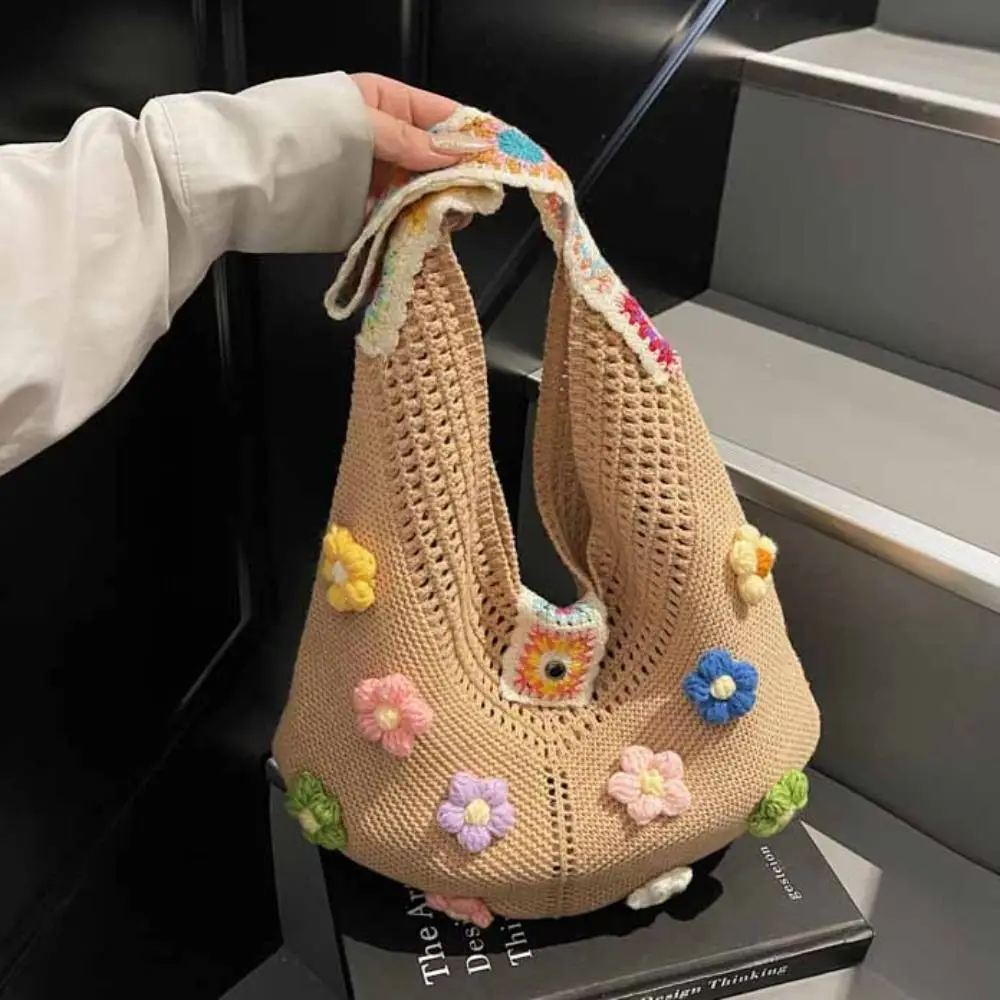 

Casual Hollow Out Flower Knitting Bag Beach Handbag Bohemian Style Beach Bag Large Capacity Tote Bag Hollow Shoulder Bag Holiday