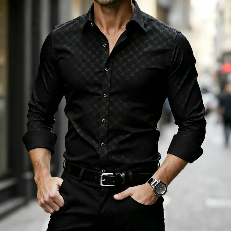 Men's shirt wine red dark patterned long sleeved shirt fashionable design slim fit business wedding casual long sleeved cardigan